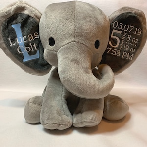 Elephant Birth Stat/ Baby Gift/ Keepsake/ New Mother Gift/ Baby Shower Gift/ Personalized Stuffed Elephant/ Birth Annoucement