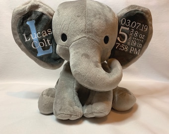 Elephant Birth Stat/ Baby Gift/ Keepsake/ New Mother Gift/ Baby Shower Gift/ Personalized Stuffed Elephant/ Birth Annoucement