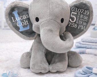 Elephant Birth Stat/ Baby Gift/ Keepsake/ New Mother Gift/ Baby Shower Gift/ Personalized Stuffed Elephant/ Birth Annoucement