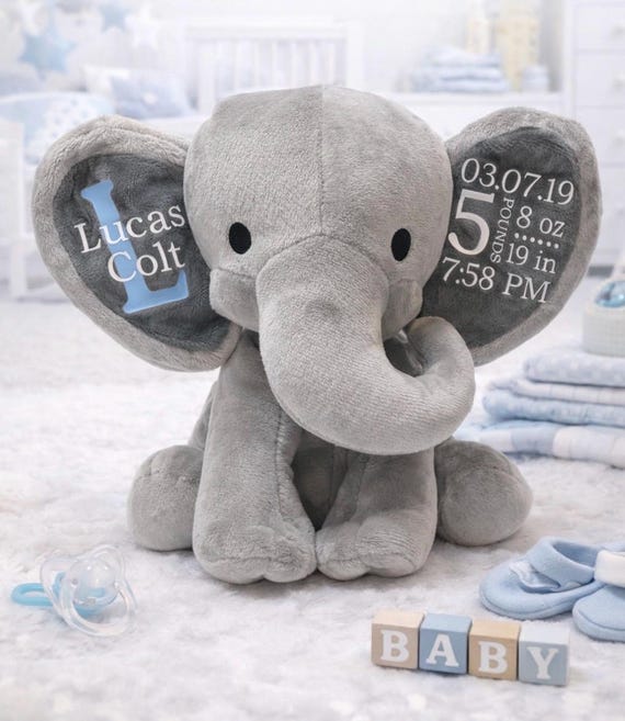 Elephant Birth Stat/ Baby Gift/ Keepsake/ New Mother Gift/ Baby Shower Gift/ Personalized Stuffed Elephant/ Birth Annoucement