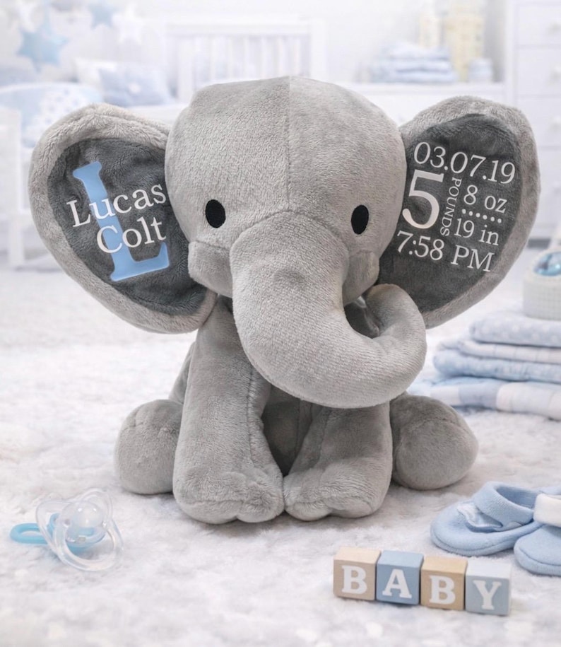 Elephant Birth Stat/ Baby Gift/ Keepsake/ New Mother Gift/ Baby Shower Gift/ Personalized Stuffed Elephant/ Birth Annoucement image 1