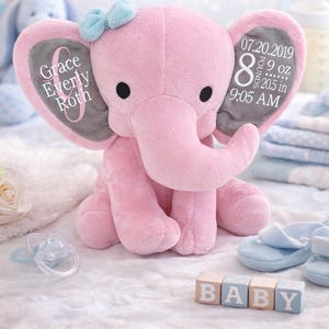 Pink Elephant Birth Stat/ Girls Baby Gift/ Keepsake/ New Mother Gift/ Baby Shower Gift/ Personalized Stuffed Elephant/ Birth Annoucement