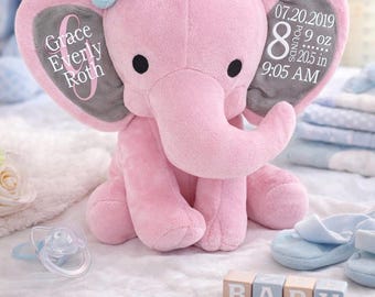 Pink Elephant Birth Stat/ Girls Baby Gift/ Keepsake/ New Mother Gift/ Baby Shower Gift/ Personalized Stuffed Elephant/ Birth Annoucement