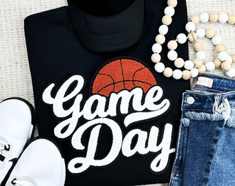 Basketball Game Day Chenille Patch Sweatshirt Crew Neck