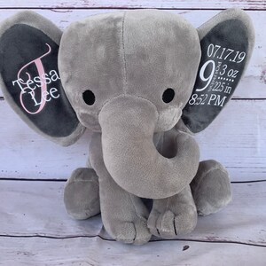 Elephant Birth Stat/ Baby Gift/ Keepsake/ New Mother Gift/ Baby Shower Gift/ Personalized Stuffed Elephant/ Birth Annoucement image 4