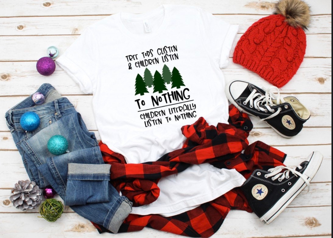 Funny Christmas T-Shirt For Women - Treetops Glisten Children Listen Vintage Bleached Tee - View #14