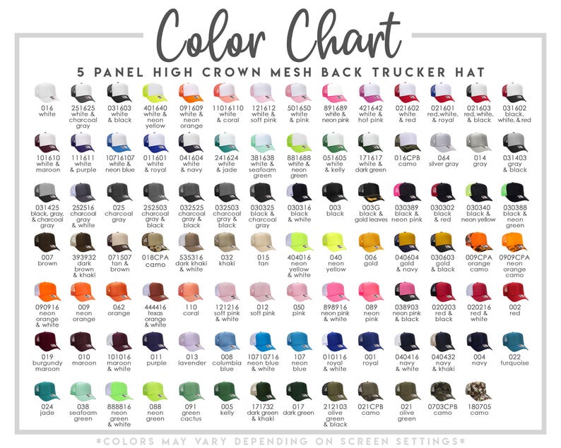 May include: Color chart image featuring a variety of 5-panel high-crown mesh back trucker hats. Each hat is displayed in a different color, with the color name and code listed below. The hats have a mesh back and a solid front panel.