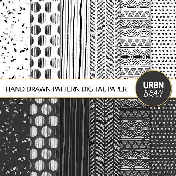 Hand Drawn Pattern Digital Paper. Black and White Scrapbook Paper.  Hand Drawn Pattern. Minimalist gift wrap papers. Instant Download.