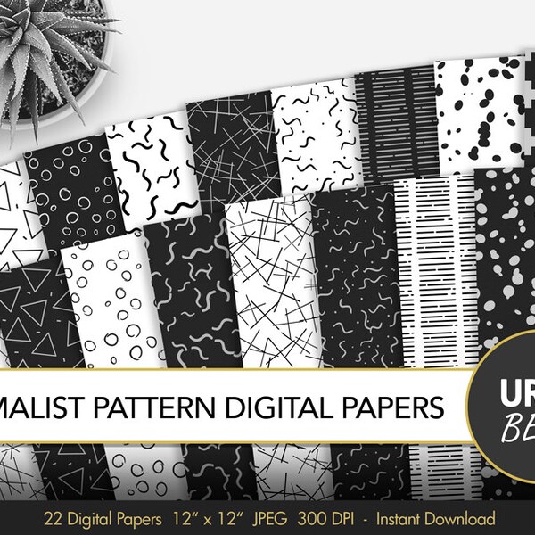 22 Minimalist Pattern Digital Papers. Black and White Wallpaper Background, Hand Drawn Pattern. Scandinavian Design. Instant Download