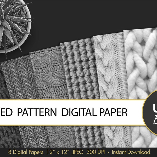 Knit Pattern Digital Paper. Knitted Pattern. Wool Sweater Knit Digital texture. Black and White Wallpaper Background. Printable.