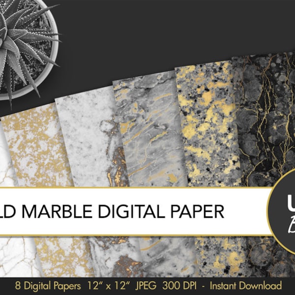 Marble Digital Paper. Black and White and Gold Marble Wallpaper Background, Digital Marble Pattern. Marble Texture. Printable.