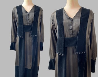Antique Edwardian Brown Satin + Black Velvet Floor Length Dress Vintage 1910s Womens Small