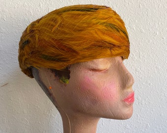 Frederick + Nelson Dyed Orange Feathers Cover Pillbox Hat Vintage 1950s