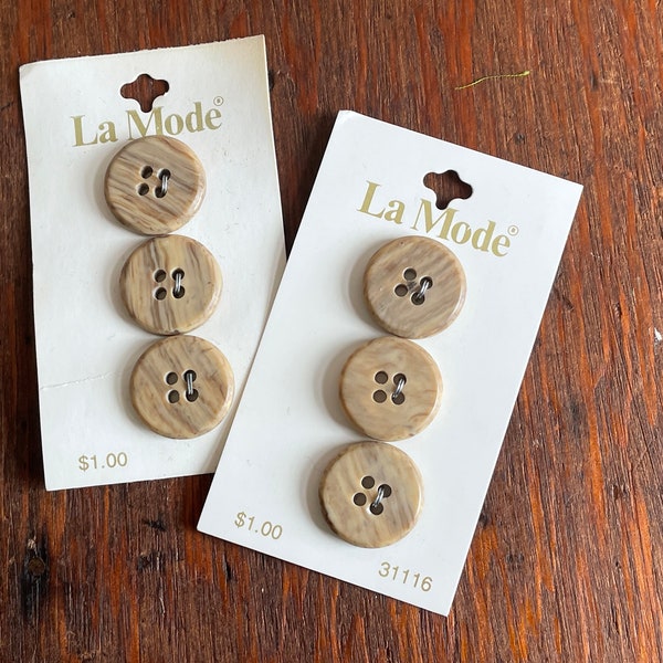 La Mode Faux Wood Plastic Round Buttons 1 Inch Card of 3 Vintage 1970s New Old Stock Sewing Notions