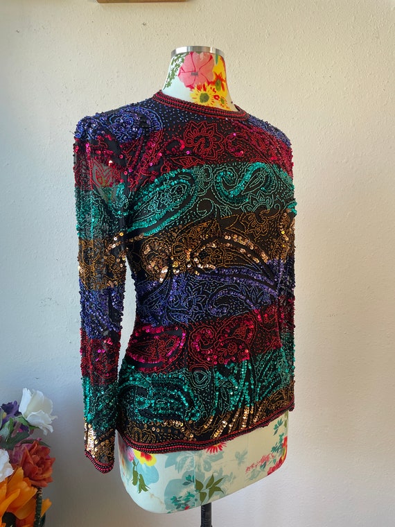 Jewel-Tones Sequined Silk Long Sleeve Top Vintage… - image 9