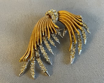 Broche bouquet de plumes or et argent avec strass vintage années 1950 bijoux fantaisie des années 1960