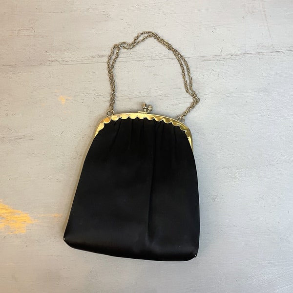 Harry Levine Black Satin Evening Handbag Vintage 1950s Ladies Purses