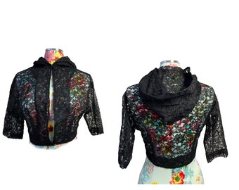 Sheer Black Lace Cropped Fitted Jacket with Hoodie Vintage 1950s Womens XS