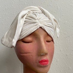 Ivory White Cotton Knit Hair Wrap Vintage 1940s Womens Head Cover XS Small zdjęcie 4