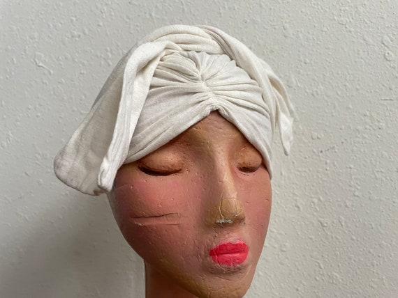 Ivory White Cotton Knit Hair Wrap Vintage 1940s W… - image 4