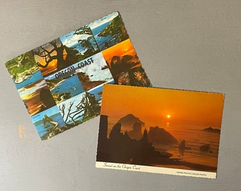PAIRE de cartes postales photographiques panoramiques de la côte de l'Oregon, souvenirs de voyage des années 1970