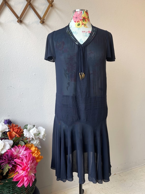 Sheer Navy Blue Rayon Crepe Drop  Waist Dress Vin… - image 2