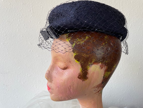 Navy Blue Brocade Pillbox Hat with French Netting… - image 7