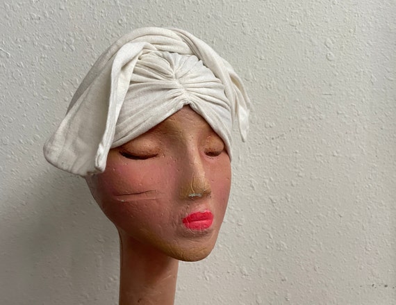 Ivory White Cotton Knit Hair Wrap Vintage 1940s W… - image 2