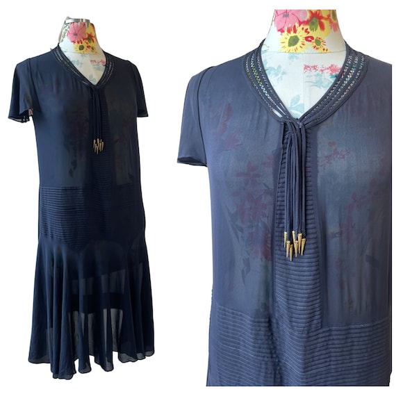 Sheer Navy Blue Rayon Crepe Drop  Waist Dress Vin… - image 1