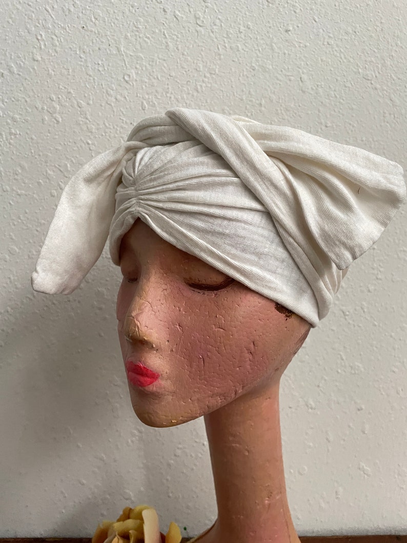 Ivory White Cotton Knit Hair Wrap Vintage 1940s Womens Head Cover XS Small zdjęcie 7