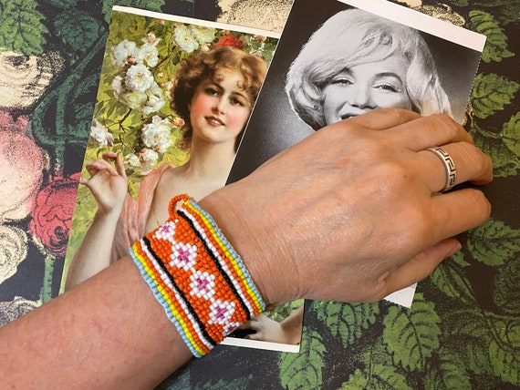 Orange + White Hand-Beaded Bracelet Cuff Vintage … - image 2