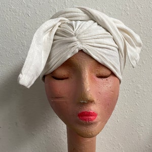 Ivory White Cotton Knit Hair Wrap Vintage 1940s Womens Head Cover XS Small zdjęcie 5