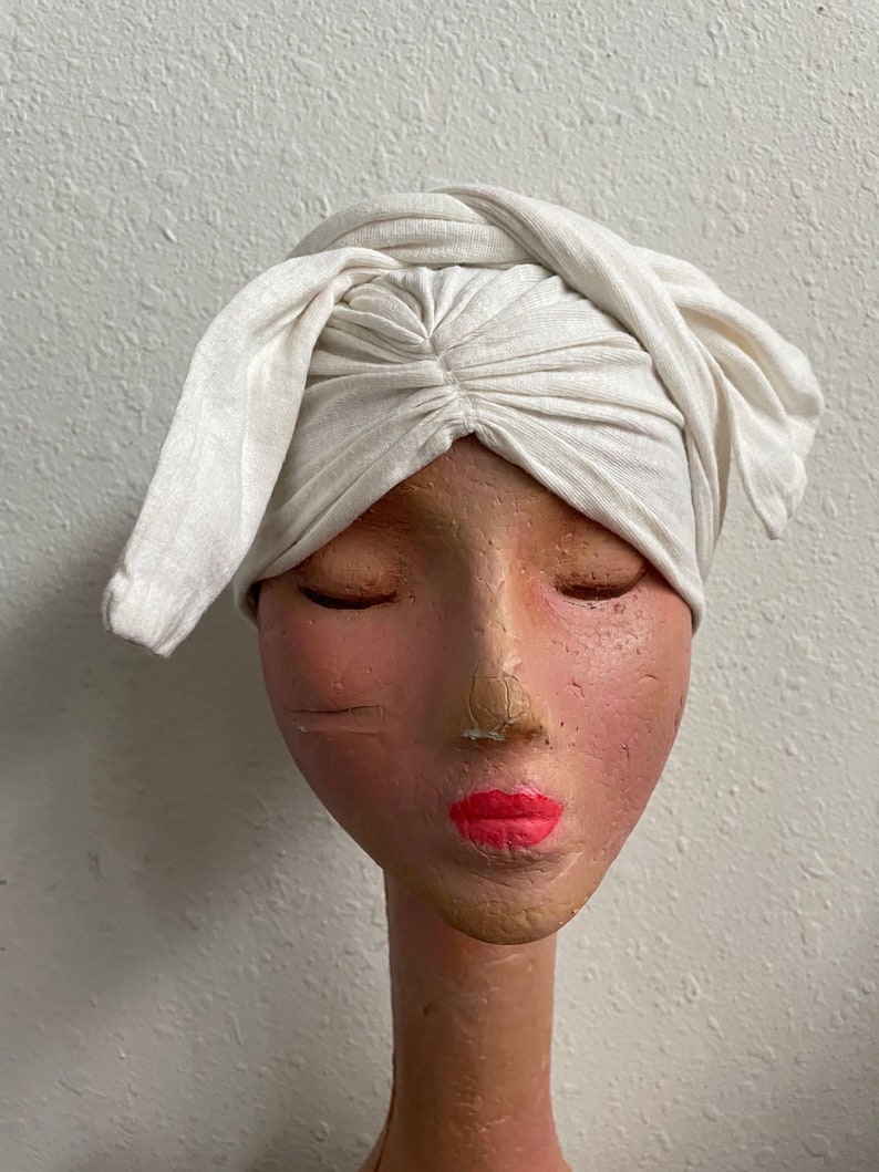 Ivory White Cotton Knit Hair Wrap Vintage 1940s Womens Head Cover XS Small zdjęcie 5