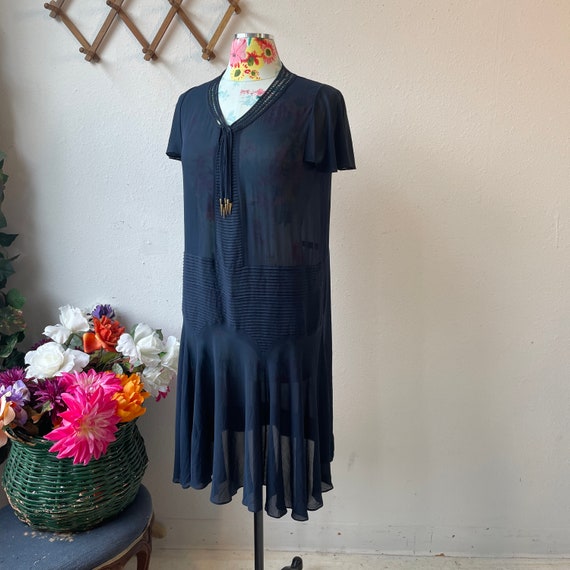 Sheer Navy Blue Rayon Crepe Drop  Waist Dress Vin… - image 10