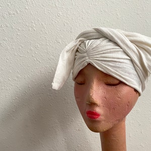 Ivory White Cotton Knit Hair Wrap Vintage 1940s Womens Head Cover XS Small zdjęcie 10