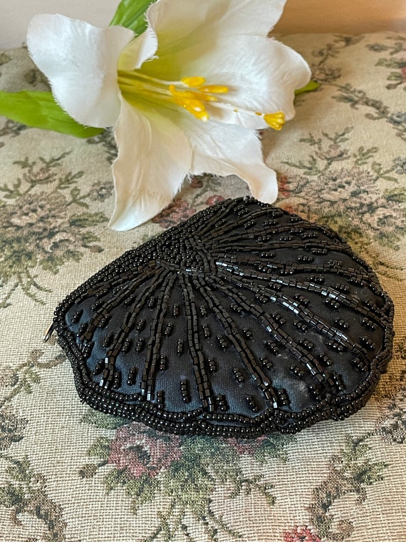 Jet Black Beaded Silky Coin Purse Vintage 1950s W… - image 8