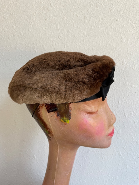 Young’s Brown Mink Fur  Beret Hat with Black Sati… - image 3