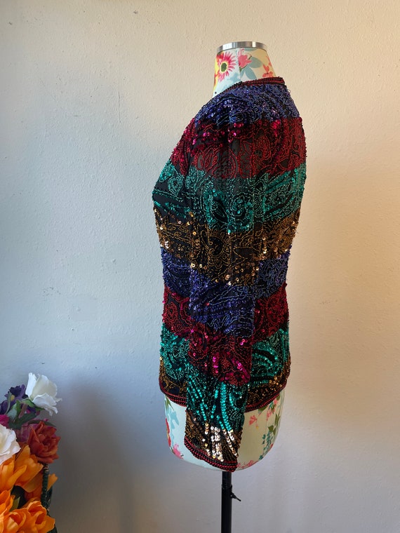 Jewel-Tones Sequined Silk Long Sleeve Top Vintage… - image 3