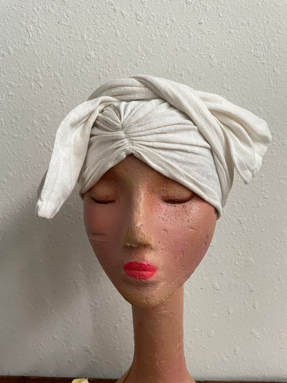 Ivory White Cotton Knit Hair Wrap Vintage 1940s W… - image 9