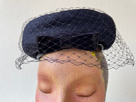 Navy Blue Brocade Pillbox Hat with French Netting… - image 9