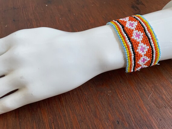 Orange + White Hand-Beaded Bracelet Cuff Vintage … - image 3