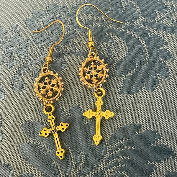 Witchy Cross + Snowflake Goldtone Dangle Earrings PAIR Made in Seattle