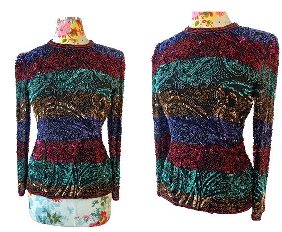 Jewel-Tones Sequined Silk Long Sleeve Top Vintage… - image 1
