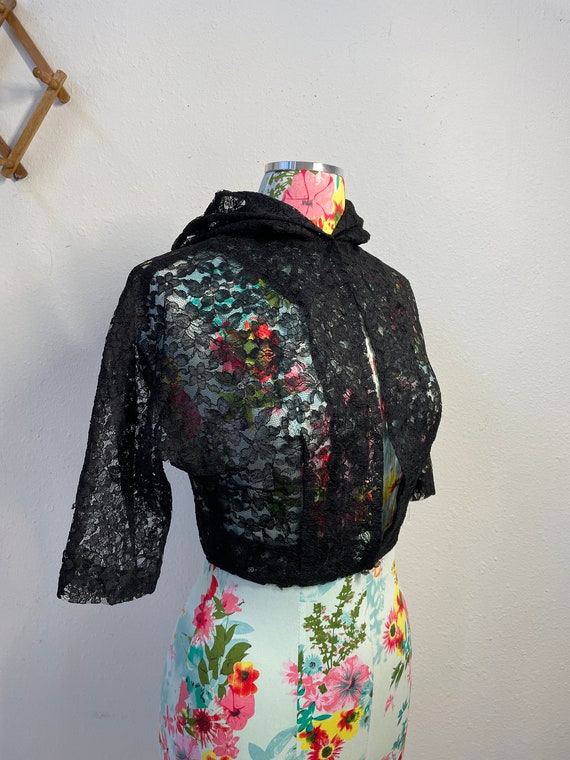 Sheer Black Lace Cropped Fitted Jacket with Hoodi… - image 3