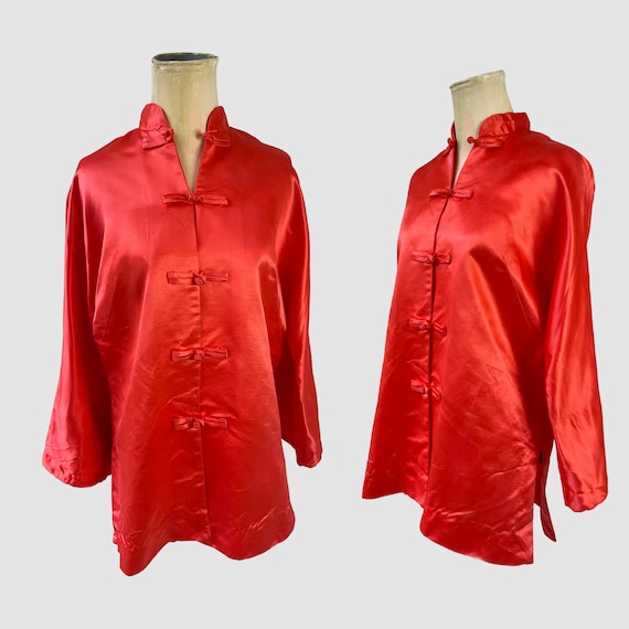 Coral Orange Satin Short Asian Styled Robe Jacket… - image 1