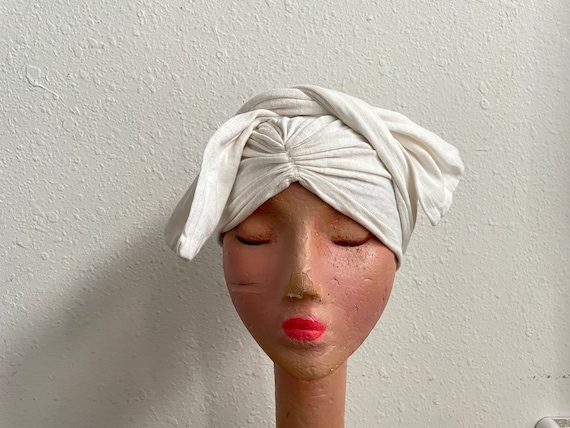 Ivory White Cotton Knit Hair Wrap Vintage 1940s W… - image 1