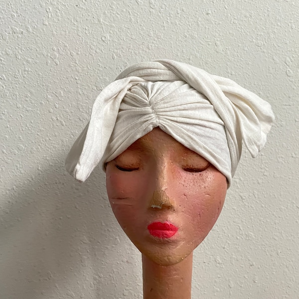 Ivory White Cotton Knit Hair Wrap Vintage 1940s Womens Head Cover XS Small