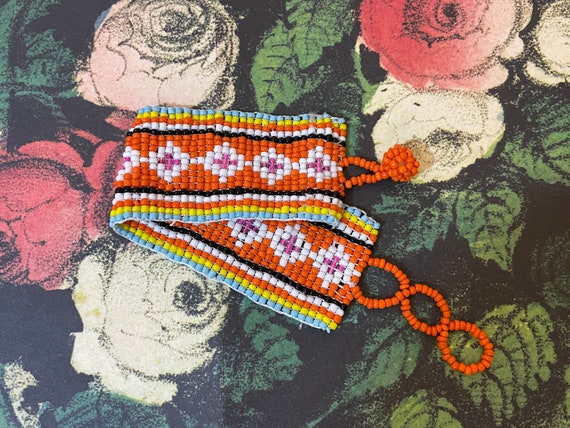 Orange + White Hand-Beaded Bracelet Cuff Vintage … - image 7