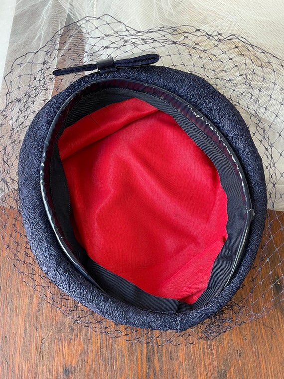 Navy Blue Brocade Pillbox Hat with French Netting… - image 8