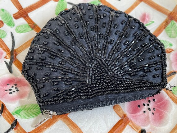 Jet Black Beaded Silky Coin Purse Vintage 1950s W… - image 5